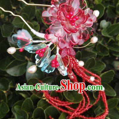 Chinese Ancient Hanfu Red Peony Tassel Hairpins Traditional Handmade Hair Accessories for Women