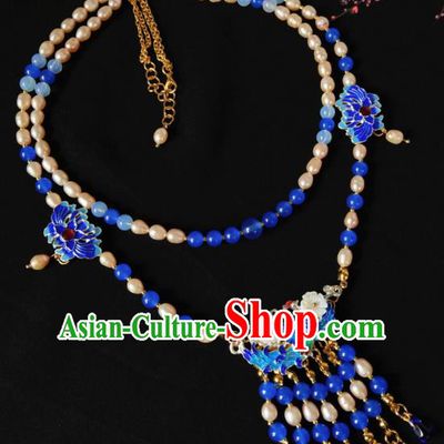 Chinese Ancient Hanfu Blueing Tassel Necklace Traditional Necklet Jewelry Accessories for Women