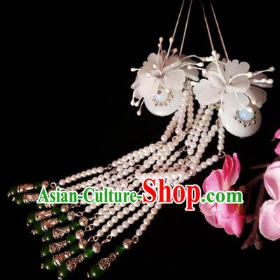 Chinese Ancient Hanfu White Beads Tassel Hairpins Traditional Handmade Hair Accessories for Women