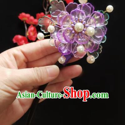 Chinese Ancient Hanfu Purple Flower Sandalwood Hairpins Traditional Handmade Hair Accessories for Women
