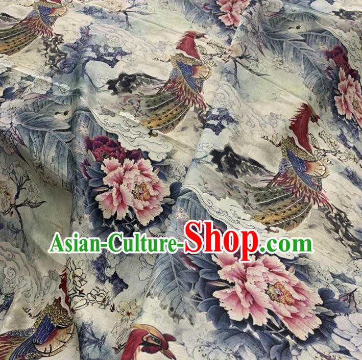 Traditional Chinese Royal Phoenix Peony Pattern Design White Brocade Silk Fabric Asian Satin Material