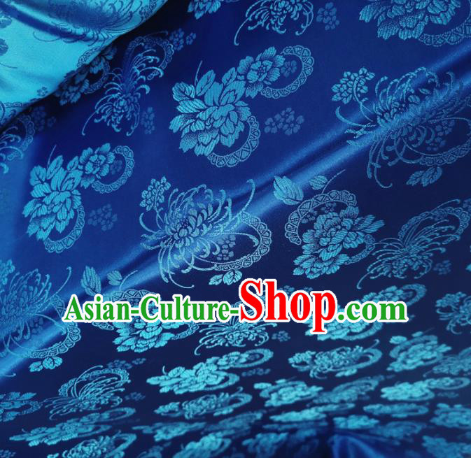 Traditional Chinese Royal Chrysanthemum Peony Pattern Design Royalblue Brocade Silk Fabric Asian Satin Material Traditional Chinese Royal Chrysanthemum Peony Pattern Design Royalblue Brocade Silk Fabric Asian Satin Material