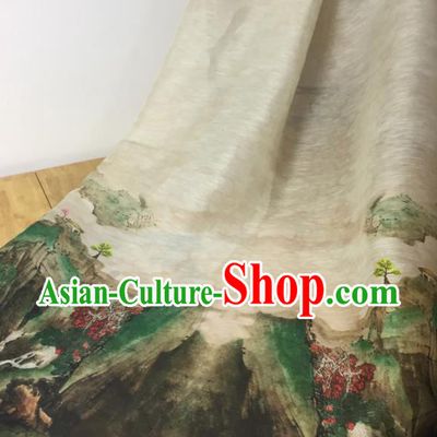Chinese Traditional Landscape Pattern Design Beige Silk Fabric Brocade Asian Satin Material