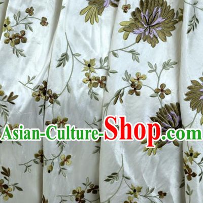 Chinese Traditional Embroidered Chrysanthemum Pattern Design White Silk Fabric Brocade Asian Satin Material