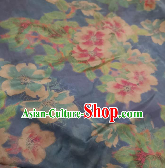 Traditional Chinese Royal Peach Flowers Pattern Design Navy Brocade Silk Fabric Asian Satin Material