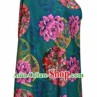 Chinese Traditional Lucky Peony Pattern Design Deep Green Satin Brocade Fabric Asian Silk Material