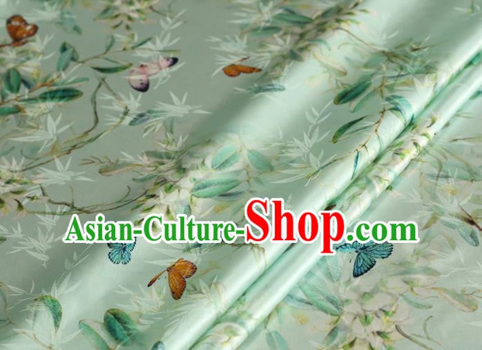 Chinese Traditional Bamboo Leaf Butterfly Pattern Design Green Satin Brocade Fabric Asian Silk Material