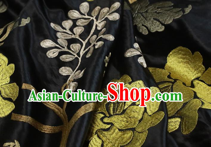 Chinese Traditional Golden Peony Pattern Design Black Satin Brocade Fabric Asian Silk Material Chinese Traditional Golden Peony Pattern Design Black Satin Brocade Fabric Asian Silk Material