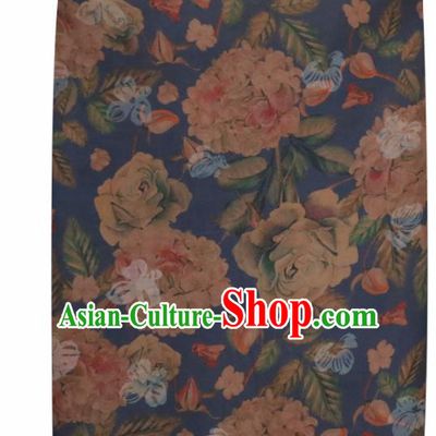 Chinese Traditional Roses Pattern Design Blue Satin Brocade Fabric Asian Silk Material
