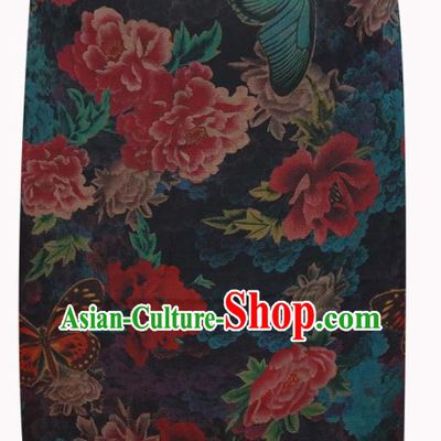 Chinese Traditional Peony Flowers Pattern Design Navy Satin Brocade Fabric Asian Silk Material