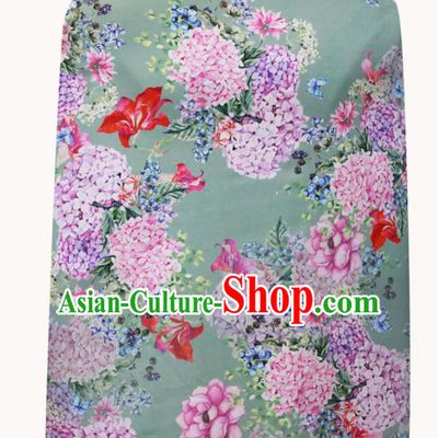 Chinese Traditional Hydrangea Pattern Design Green Satin Brocade Fabric Asian Silk Material