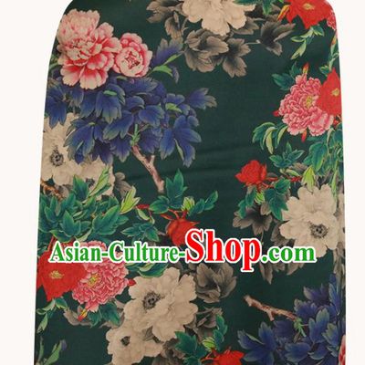 Chinese Traditional Peony Pattern Design Deep Green Satin Brocade Fabric Asian Silk Material