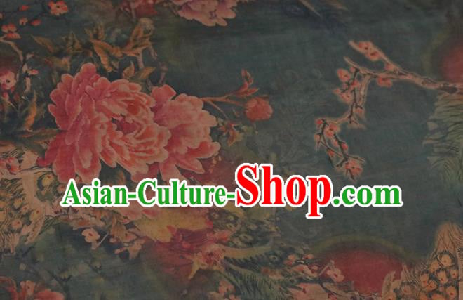 Chinese Traditional Peony Plum Pattern Design Navy Satin Brocade Fabric Asian Silk Material Chinese Traditional Peony Plum Pattern Design Navy Satin Brocade Fabric Asian Silk Material