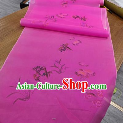 Chinese Traditional Plum Blossoms Orchid Bamboo Chrysanthemum Pattern Design Rosy Silk Fabric Brocade Asian Satin Material
