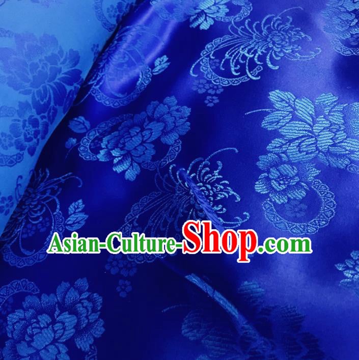Traditional Chinese Royal Chrysanthemum Peony Pattern Design Royalblue Brocade Silk Fabric Asian Satin Material Traditional Chinese Royal Chrysanthemum Peony Pattern Design Royalblue Brocade Silk Fabric Asian Satin Material