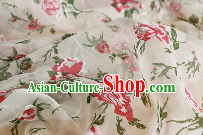 Chinese Traditional Roses Pattern Design Cheongsam White Satin Brocade Fabric Asian Silk Material Chinese Traditional Roses Pattern Design Cheongsam White Satin Brocade Fabric Asian Silk Material