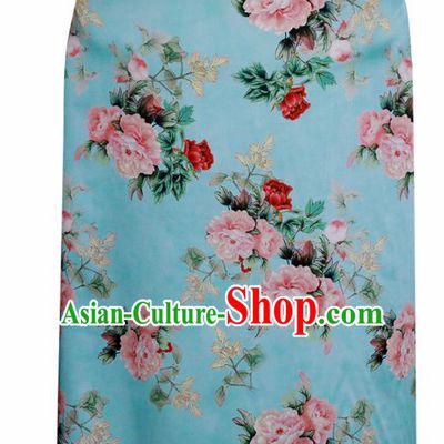 Chinese Traditional Peony Pattern Design Blue Satin Brocade Fabric Asian Silk Material