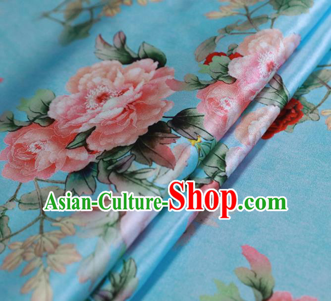 Chinese Traditional Peony Pattern Design Blue Satin Brocade Fabric Asian Silk Material Chinese Traditional Peony Pattern Design Blue Satin Brocade Fabric Asian Silk Material