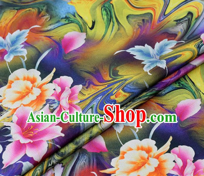 Chinese Traditional Flowers Pattern Design Cheongsam Deep Blue Satin Brocade Fabric Asian Silk Material Chinese Traditional Flowers Pattern Design Cheongsam Deep Blue Satin Brocade Fabric Asian Silk Material