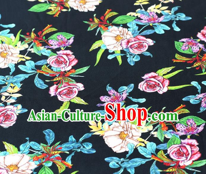 Chinese Traditional Roses Pattern Design Cheongsam Black Satin Brocade Fabric Asian Silk Material Chinese Traditional Roses Pattern Design Cheongsam Black Satin Brocade Fabric Asian Silk Material
