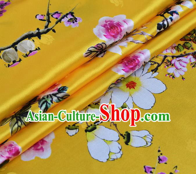 Chinese Traditional Plum Blossom Pattern Design Cheongsam Yellow Satin Brocade Fabric Asian Silk Material Chinese Traditional Plum Blossom Pattern Design Cheongsam Yellow Satin Brocade Fabric Asian Silk Material