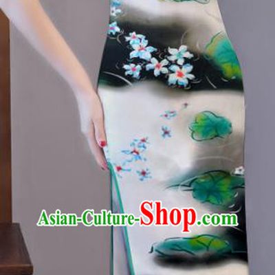 Chinese Traditional Lotus Leaf Pattern Design Cheongsam White Satin Brocade Fabric Asian Silk Material