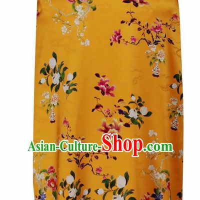 Chinese Traditional Yulan Magnolia Pattern Design Orange Satin Brocade Fabric Asian Silk Material