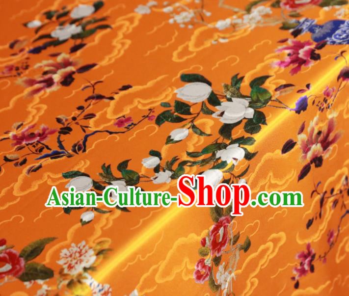 Chinese Traditional Yulan Magnolia Pattern Design Orange Satin Brocade Fabric Asian Silk Material Chinese Traditional Yulan Magnolia Pattern Design Orange Satin Brocade Fabric Asian Silk Material