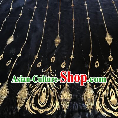 Chinese Traditional Feather Pattern Design Black Chiffon Hanfu Brocade Fabric Asian Silk Material