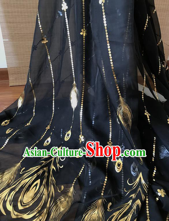Chinese Traditional Feather Pattern Design Black Chiffon Hanfu Brocade Fabric Asian Silk Material Chinese Traditional Feather Pattern Design Black Chiffon Hanfu Brocade Fabric Asian Silk Material