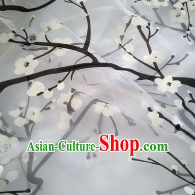 Chinese Traditional White Plum Pattern Design Satin Hanfu Brocade Fabric Asian Silk Material