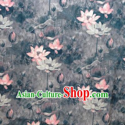 Chinese Traditional Lotus Pattern Design Grey Satin Hanfu Brocade Fabric Asian Silk Material