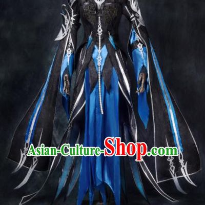 Chinese Ancient Cosplay Heroine Blue Armor Female Knight Dress Traditional Hanfu Swordsman Costume for Women