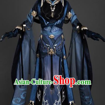 Chinese Ancient Cosplay Female General Heroine Navy Dress Traditional Hanfu Princess Swordsman Costume for Women