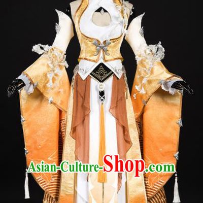 Chinese Ancient Cosplay Fairy Female Knight Heroine Yellow Dress Traditional Hanfu Princess Swordsman Costume for Women
