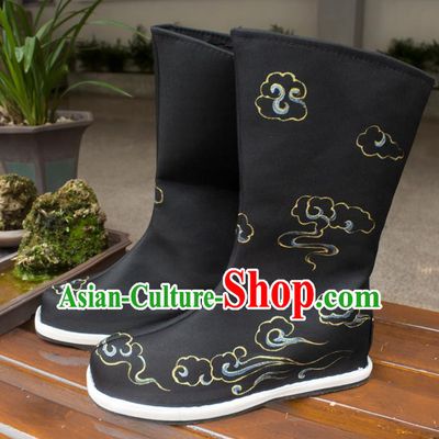 Asian Chinese Ancient Swordsman Printing Cloud Black Boots Taoist Priest Shoes Traditional Hanfu Shoes for Men