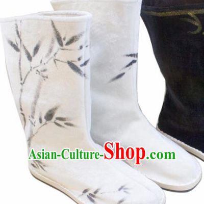 Asian Chinese Ancient Swordsman Printing Bamboo White Boots Taoist Priest Shoes Traditional Hanfu Shoes for Men