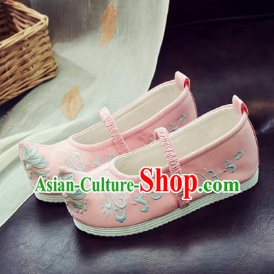 Asian Chinese Traditional Princess Hanfu Shoes National Pink Cloth Shoes Embroidered Shoes for Kids