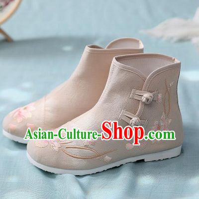 Asian Chinese Traditional Embroidered Lotus Khaki Boots Hanfu Shoes National Cloth Shoes for Women