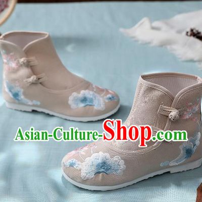 Asian Chinese Traditional Embroidered Lotus Leaf Khaki Boots Hanfu Shoes National Cloth Shoes for Women