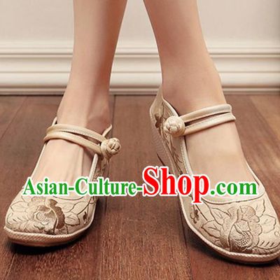 Asian Chinese Traditional Embroidered Peony Beige Shoes Hanfu Shoes National Cloth Shoes for Women
