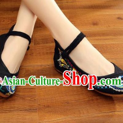 Asian Chinese Traditional Dance Embroidered Peacock Black Shoes Hanfu Wedding Shoes National Cloth Shoes for Women