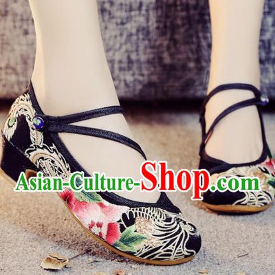 Asian Chinese Traditional Dance Embroidered Phoenix Peony Black Shoes Hanfu Wedding Shoes National Cloth Shoes for Women