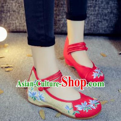 Asian Chinese Traditional Dance Red Embroidered Shoes Hanfu Wedding Shoes National Cloth Shoes for Women