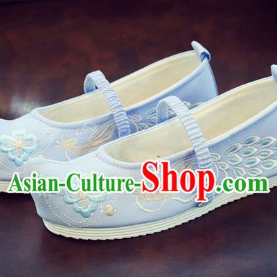 Asian Chinese Traditional Embroidered Peacock Blue Shoes Hanfu Shoes National Cloth Shoes for Kids