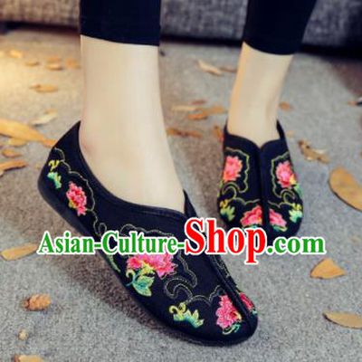 Asian Chinese Traditional Embroidered Peony Black Shoes Hanfu Wedding Shoes National Cloth Shoes for Women