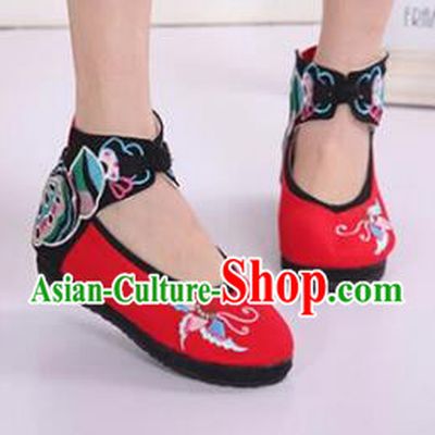 Asian Chinese National Embroidered Butterfly Red Cloth Shoes Classical Dance Shoes Traditional Hanfu Shoes for Women