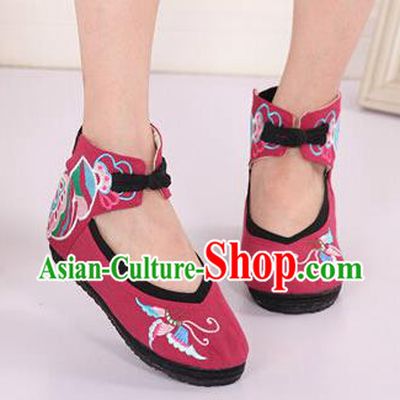 Asian Chinese National Embroidered Butterfly Wine Red Cloth Shoes Classical Dance Shoes Traditional Hanfu Shoes for Women