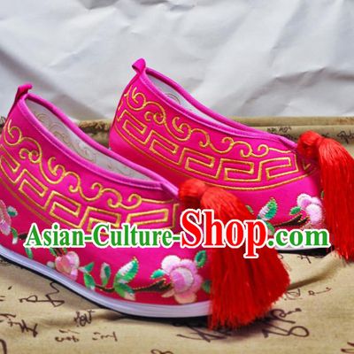 Asian Chinese Traditional Beijing Opera Rosy Embroidered Shoes Ancient Princess Shoes Hanfu Shoes for Women