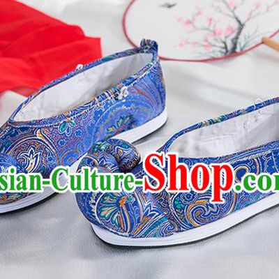 Asian Chinese Traditional Embroidered Shoes Ancient Princess Royalblue Shoes Hanfu Shoes for Women